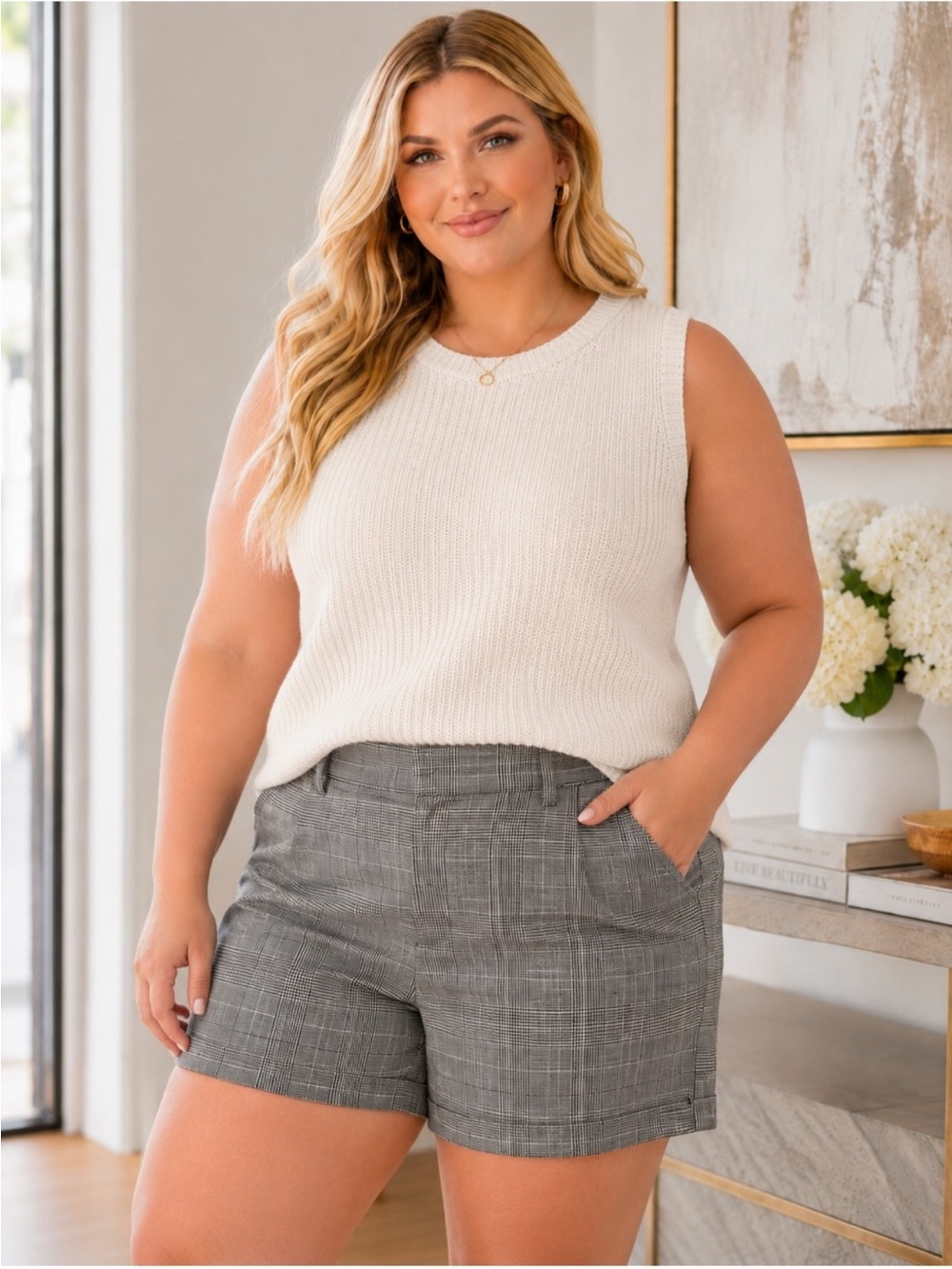 Plus Size Gray Plaid Tailored Bermuda Shorts